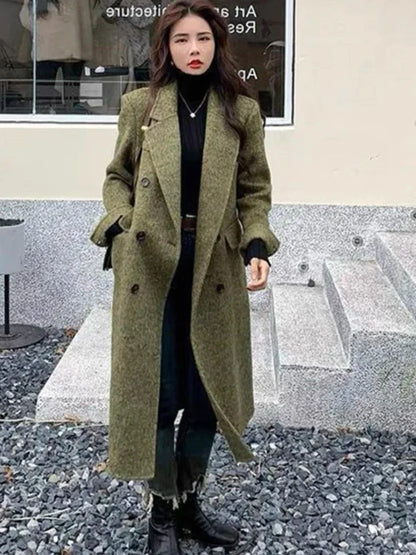 maoxiangshop  -  2024 Autumn Winter Fashion Woolen Coat Women's Clothing Solid Color Lapel Double Breasted Loose Long Overcoat Lady Jacket