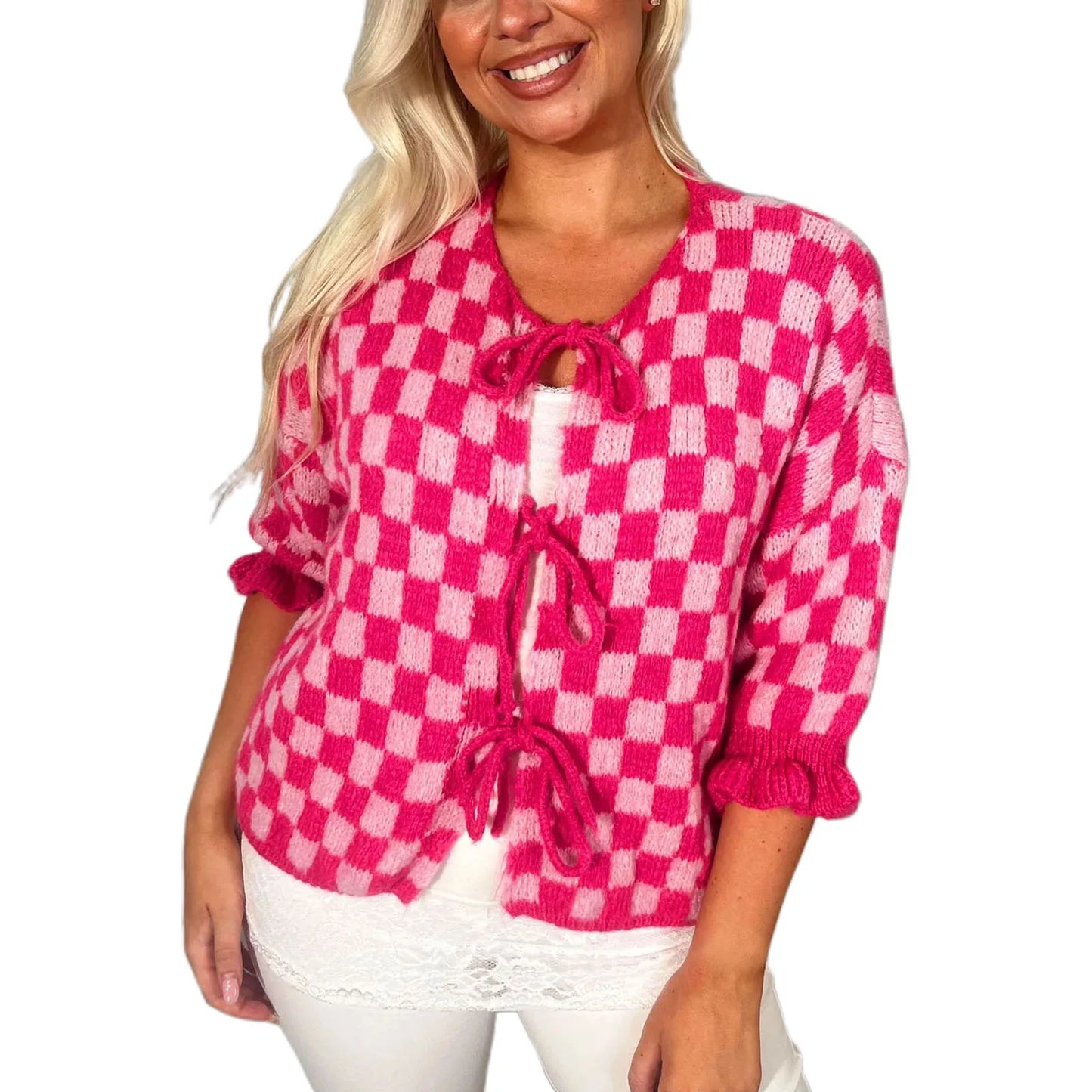 maoxiangshop  -  Women's Tie Front Knitted Cardigan New Style 2024 New Checkered Half Sleeve Sweater Casual Autumn Winter Cardigan Knitwear