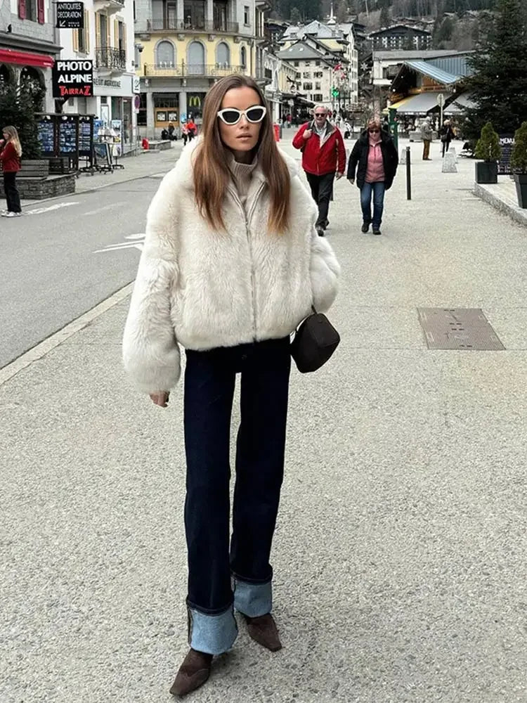maoxiangshop  -  Warm Thick Zipper Lapel Pocket Faux Fox Fur Coat Women's Long Sleeved Fluffy Jacket 2024 Winter Lady High Street Outercoat