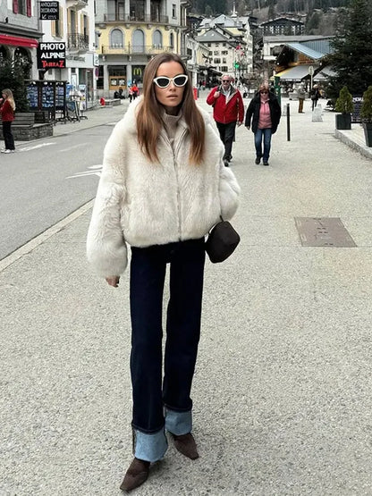 maoxiangshop  -  Warm Thick Zipper Lapel Pocket Faux Fox Fur Coat Women's Long Sleeved Fluffy Jacket 2024 Winter Lady High Street Outercoat