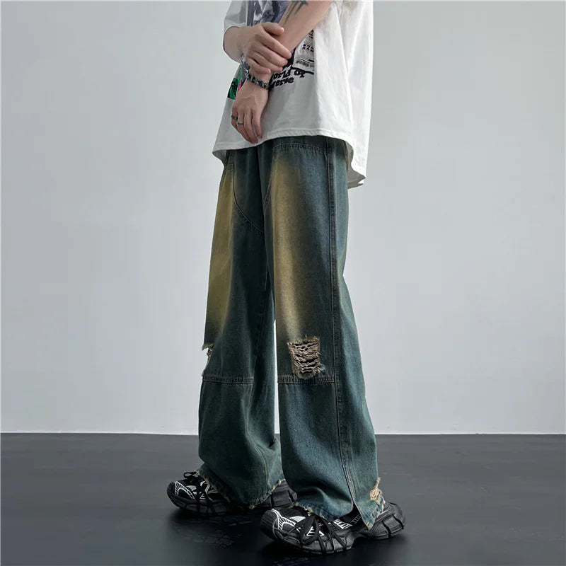 maoxiangshop Men's Hip Hop Ripped Hole Jeans Korean Handsome Casual Pants High Street Straight Loose Wide Leg Jeans Vintage Blue Baggy Jeans