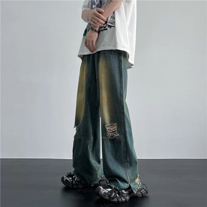 maoxiangshop Men's Hip Hop Ripped Hole Jeans Korean Handsome Casual Pants High Street Straight Loose Wide Leg Jeans Vintage Blue Baggy Jeans