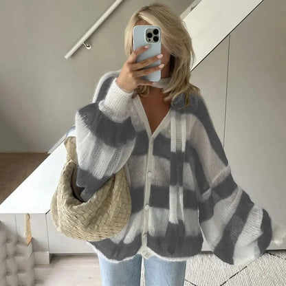 maoxiangshop  -  Striped Knit Sweater Cardigan With Scarf Women Casual V Neck Lantern Sleeve Coat 2024 Autumn Chic Contrast Lady Fashion Knitwear
