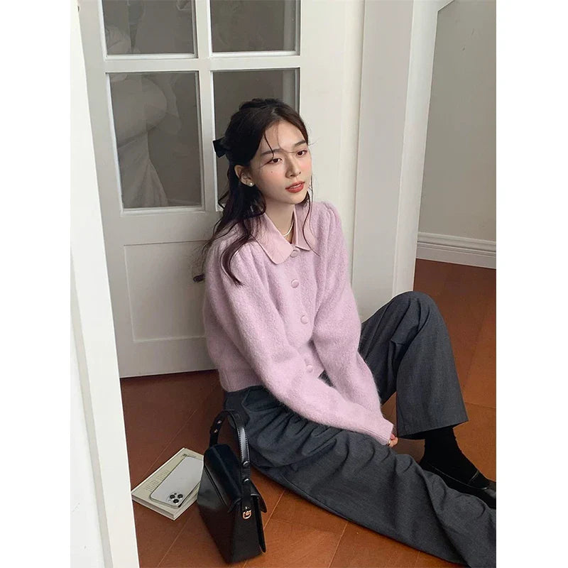 Elegant Knitted Cardigans Women Cropped Patchwork Sweater Coat Korean Solid Slim Knitwear Jackets All Match Jumper Outwear