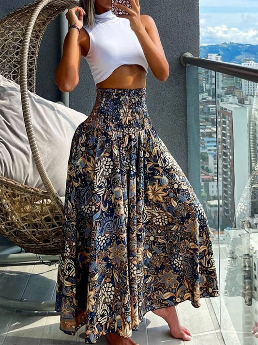 Boho Print Skirts For Women 2024 Summer Casual Elastic High Waist A-line Big Swing Long Dress Vacation Beach Party Skirt Robe