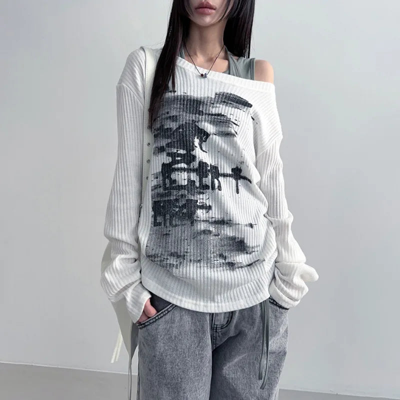 maoxiangshop  -  Autumn Harajuku Women Printing Tees Vintage Streetwear Grunge Skew Collar Tops Y2k Aesthetic Loose Casual Hiphop Vintage Tops