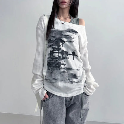 maoxiangshop  -  Autumn Harajuku Women Printing Tees Vintage Streetwear Grunge Skew Collar Tops Y2k Aesthetic Loose Casual Hiphop Vintage Tops