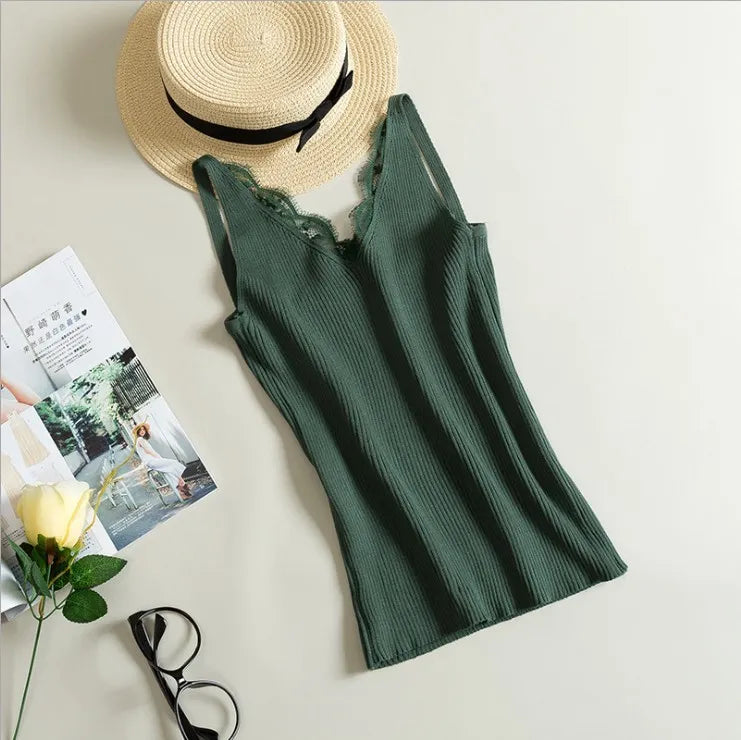 maoxiangshop Women Hook Flower Lace Tank solid Stitching V-neck Camis Female Knitted Short Slim Sleeveless Shirt Tank Casual Tops