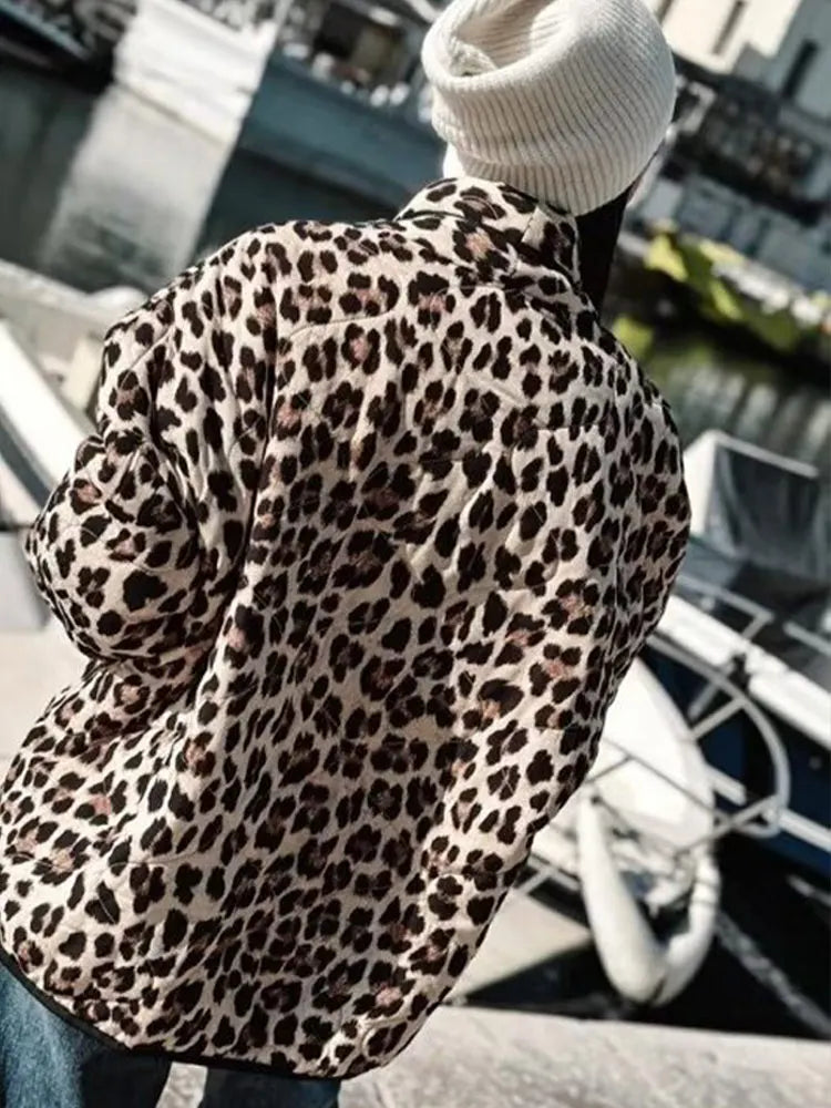 maoxiangshop  -  Women Casual Leopard Printed Cotton Jacket Fashion Lapel Long Sleeved With Pockets Cardigan 2024 Autumn Winter Lady Chic Coats