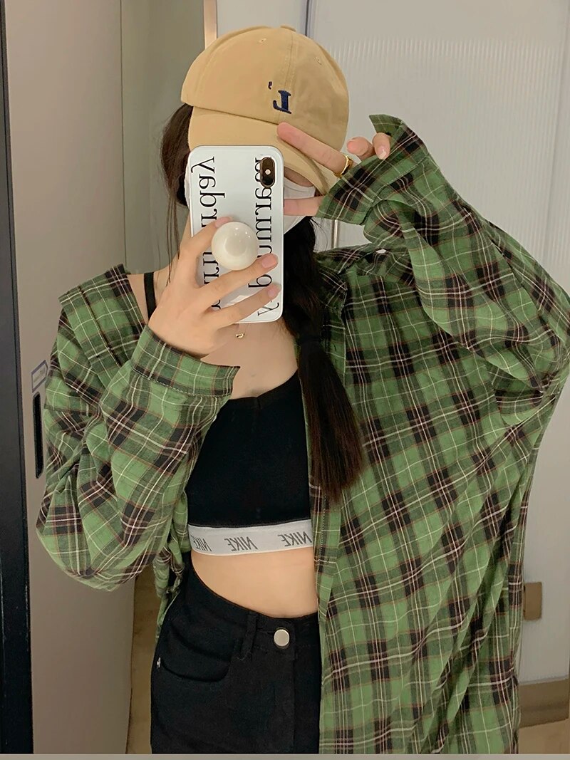 maoxiangshop Checkered Shirt Grunge Women's Oversized Green Long Sleeve Collared Button Up Plaid Shirt for Women