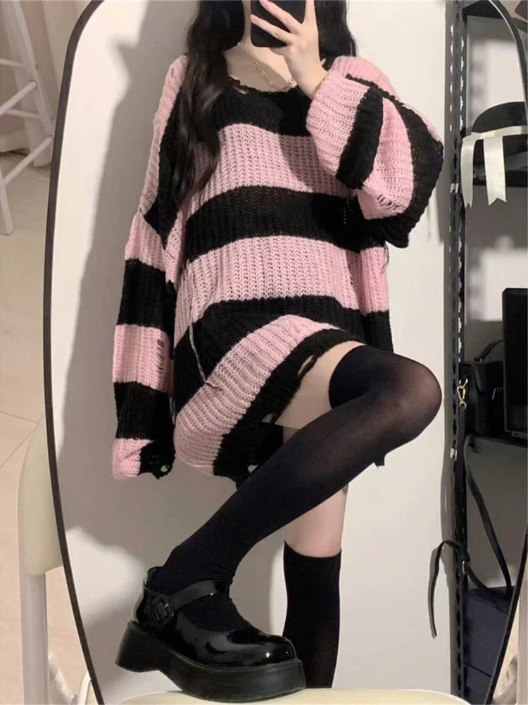 maoxiangshop Y2K Pink Striped Sweaters Women Harajuku Vintage Black Knitted Jumper Grunge Sexy Hole Hollow Out Loose All-match Tops