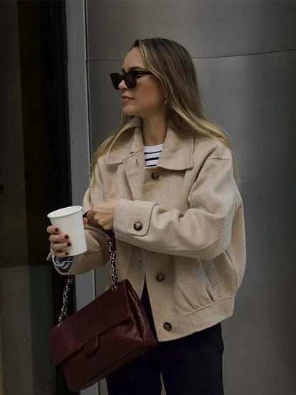 maoxiangshop -  Lapel Collar Long Sleeve Woolen Jacket Women Single-breasted Warm Short Coats Autumn Winter Fashion Female Streetwear