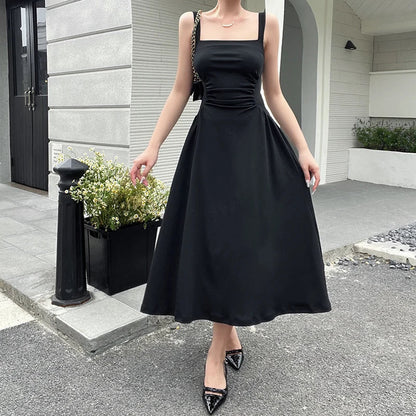 maoxiangshop-Summer Elegant Casual A-Line Satin Midi Dress Women Sleeveless Vintage Party Birthday Vestidos Female Chic Solid Robe JY23115GN