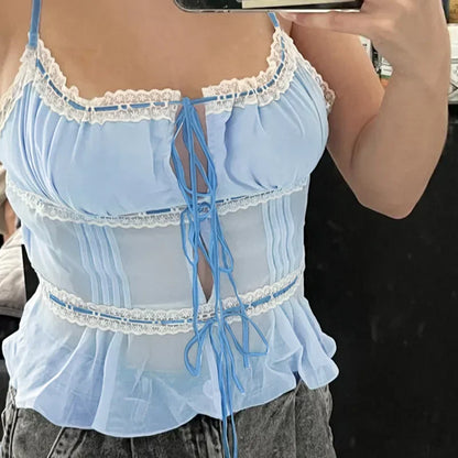 maoxiangshop  -  2024 Instagram New Cute Summer Semi Transparent Chiffon Vest and y2k  Slim Fit Spicy Girl Lace Top with Ties