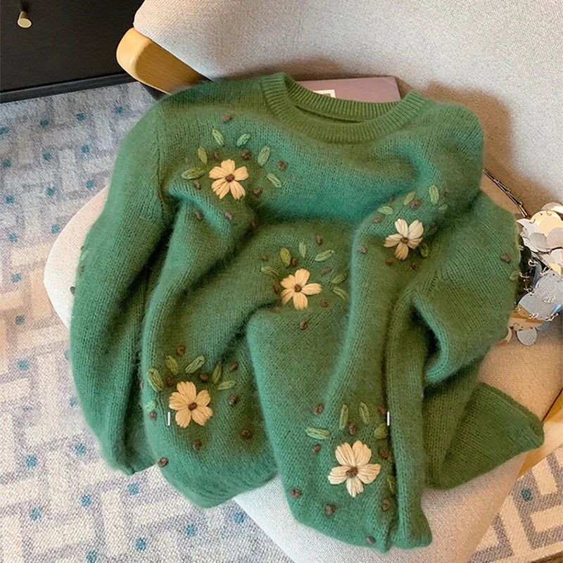 Vintage Green Sweater 2023 Autumn Winter Women's Lazy Style Soft Glutinous Flower Embroidery Top Thicked Warm Knitwear Pullover