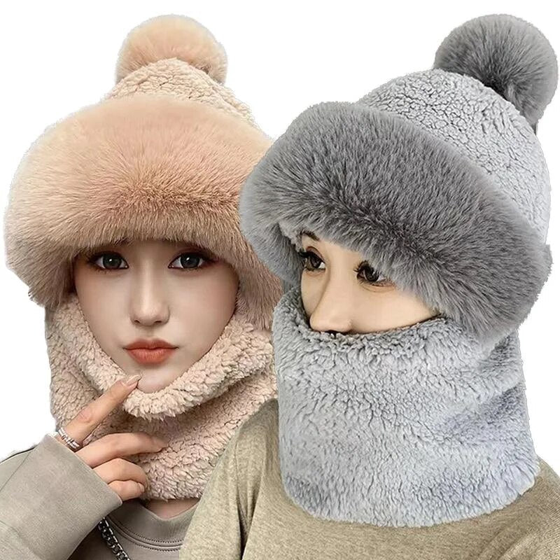 maoxiangshop Winter Scarf Set Hooded for Women Plush Neck Warm Russia Outdoor Ski Windproof Hat Thick Plush Fluffy Beanies