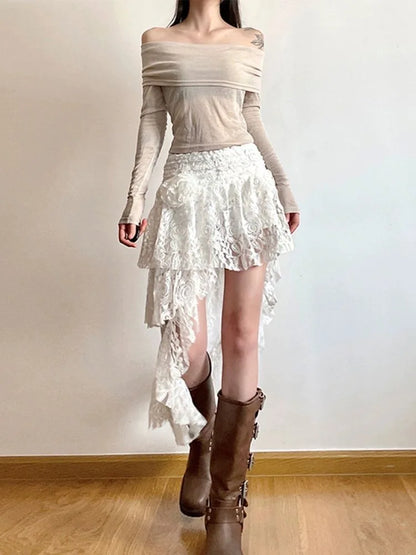 Asymmetrical Lace Skirts Women Summer Clothing Soft 2000s Vintage Clothing Streetwear Y2k Trendy Korean Style Loose Ladies Party