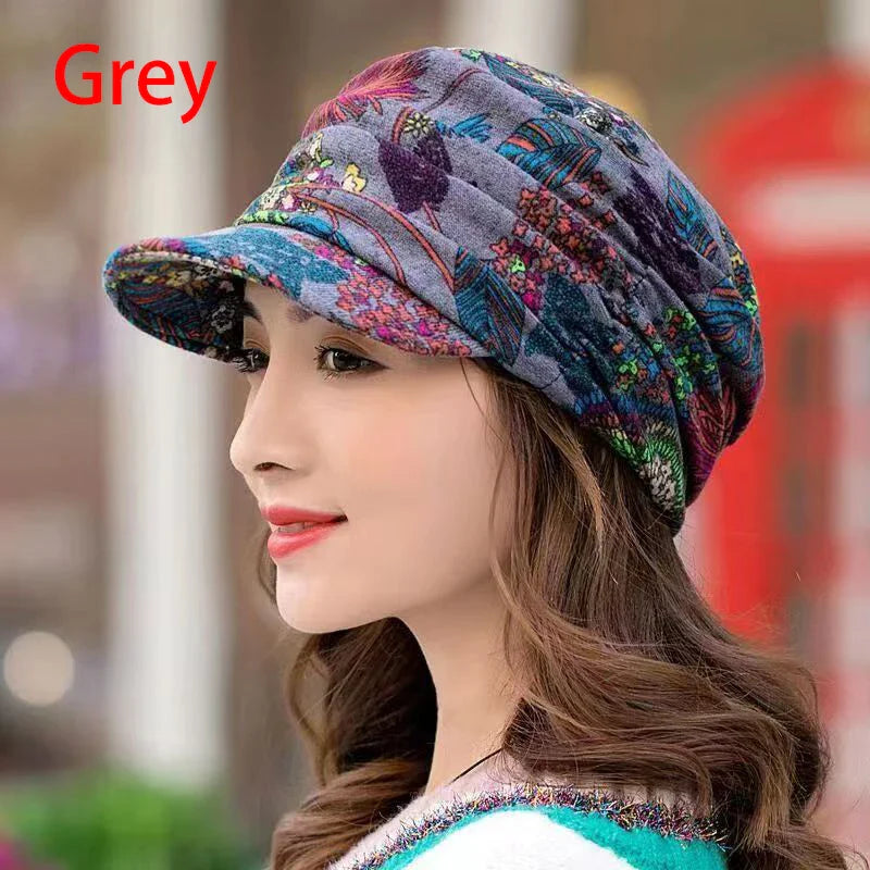 maoxiangshop Women Hat Short Brim Warm Foldable Earflap Women Cap Ethnic Style Floral Print Autumn Winter Hat Daily Clothing Turban Visor