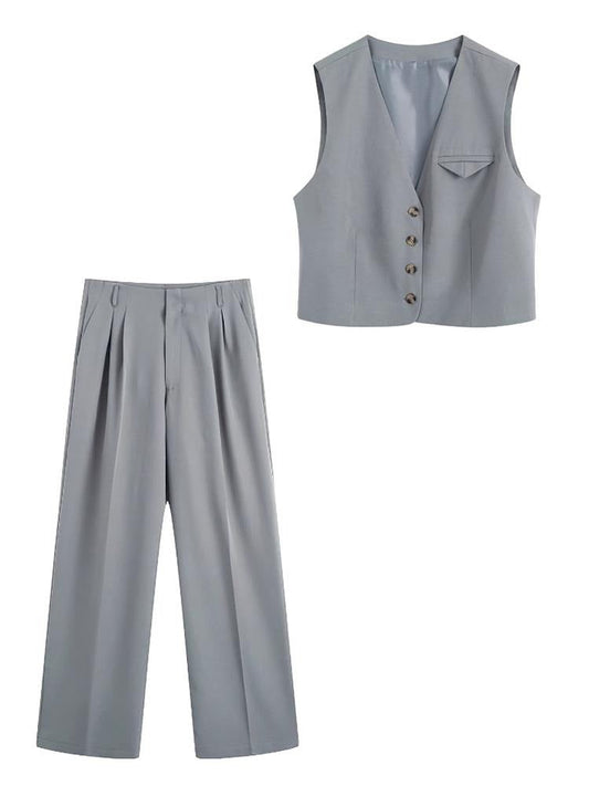 maoxiangshop Suits Spring OL Style Sets Women Casual 2 Piece Sleeveless Blazer Cropped V Neck Vest + Loose Long Pants Grey