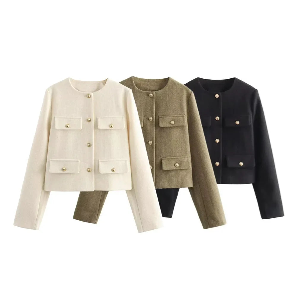 Winter New Product Women's Fashion and Casual Versatile Round Neck Flip Decoration Short Suit Coat