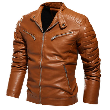 maoxiangshop Winter Black Leather Jacket Men Fur Lined Warm Motorcycle Jacket Slim Street Fashion BLack Biker Coat Pleated Design Zipper