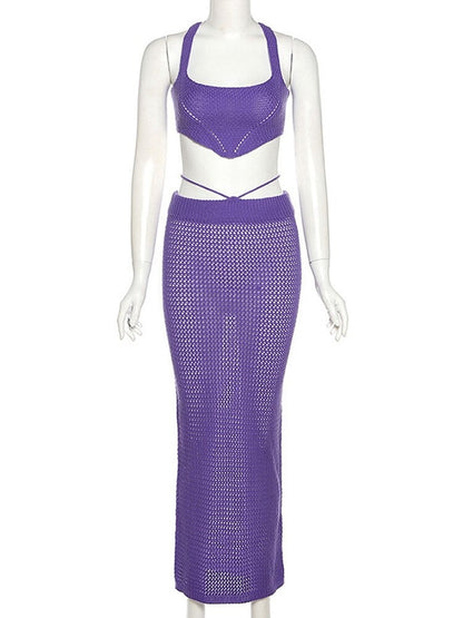 maoxiangshop Purple Knitted 2 Piece Summer Set Women Sexy Crochet Vacation Beach Outfits Hollow Out Bandage Long Skirt And Cropped Set