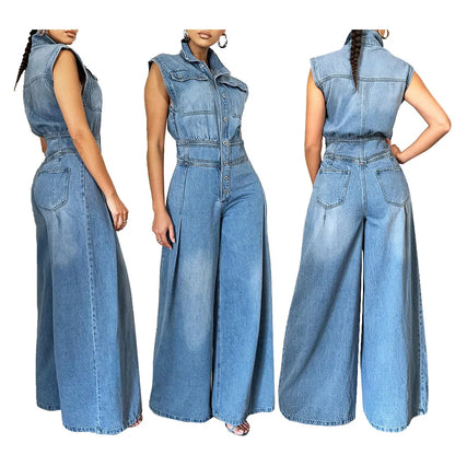 maoxiangshop Jumpsuits Women One Piece Denim Jeans Overalls Sleeveless High Waist Turn Down Collar Wide Leg Long Pants Rompers Summer 2024