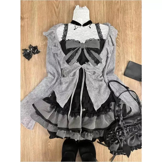 maoxiangshop  -  Sweet Lolita Lace Up Ruffles Cardigan+ Sexy Slim Fit Strapless Vest Tops+ High Waist Ruched Skirts Early Autumn Three Piece Sets