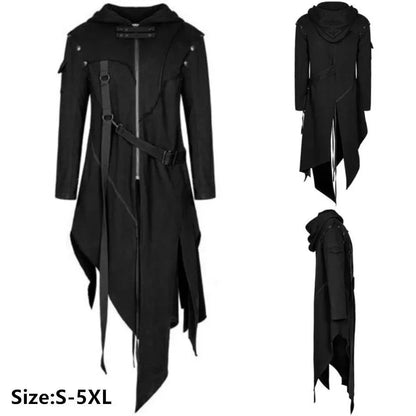 maoxiangshop WELL DRESSED MEN New 2024 Men's Punk Style Irregular Trench Coats Black Gothic Long Hooded Jackets Halloween Man Cosplay Costume Large Size S-5XL