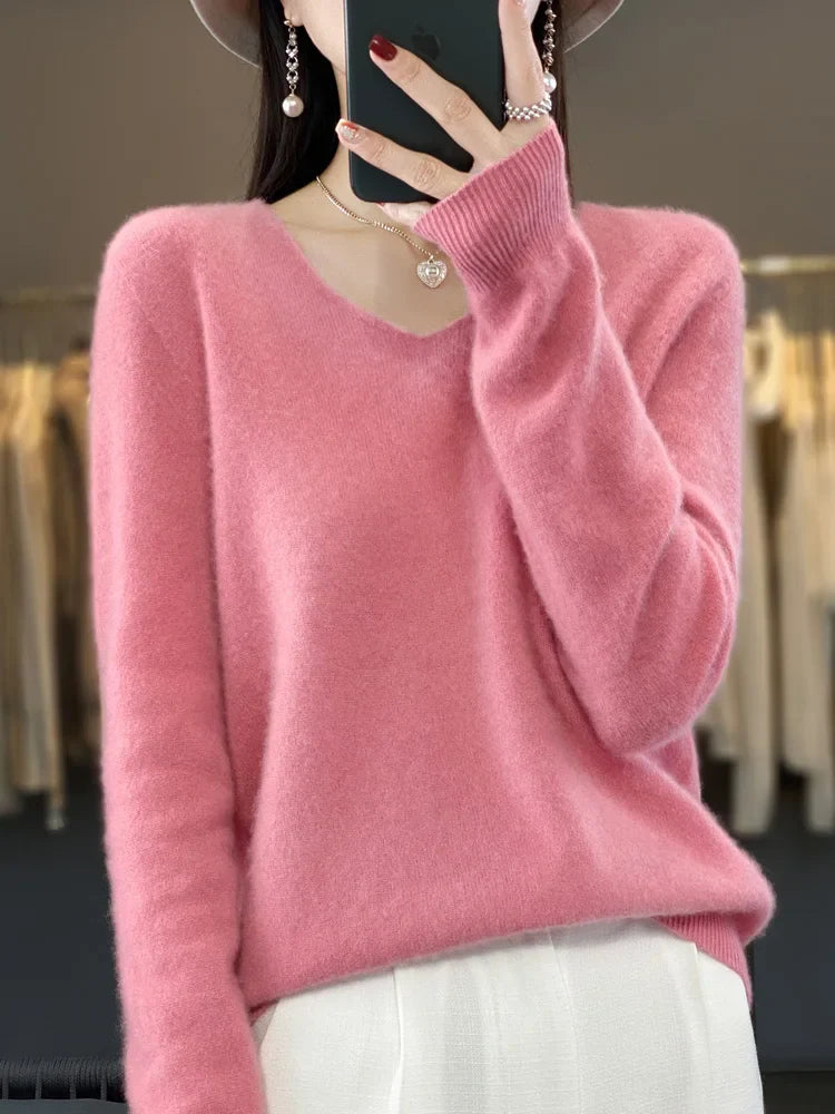 maoxiangshop Pure Wool V-Neck Sweater Women's Short Autumn And Winter All Loose And Thin Pullover Sweater Base Shirt Solid Color Authentic