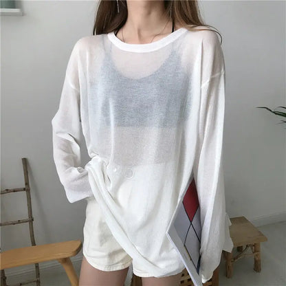 Sun-protection Long Sleeve Breathable T-shirts Women O Neck Solid Sexy See Through Black White Loose Unisex Shirts Casual Tops