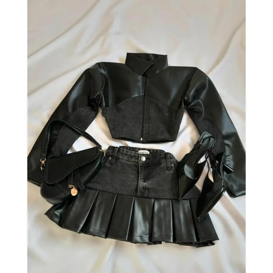 maoxiangshop  -  Harajuku Gothic Long Sleeve Zipper Jacket Mini Pleated Skirt Autumn Jackets Y2K Leather Spliced Denim Black Two Piece Set Womens