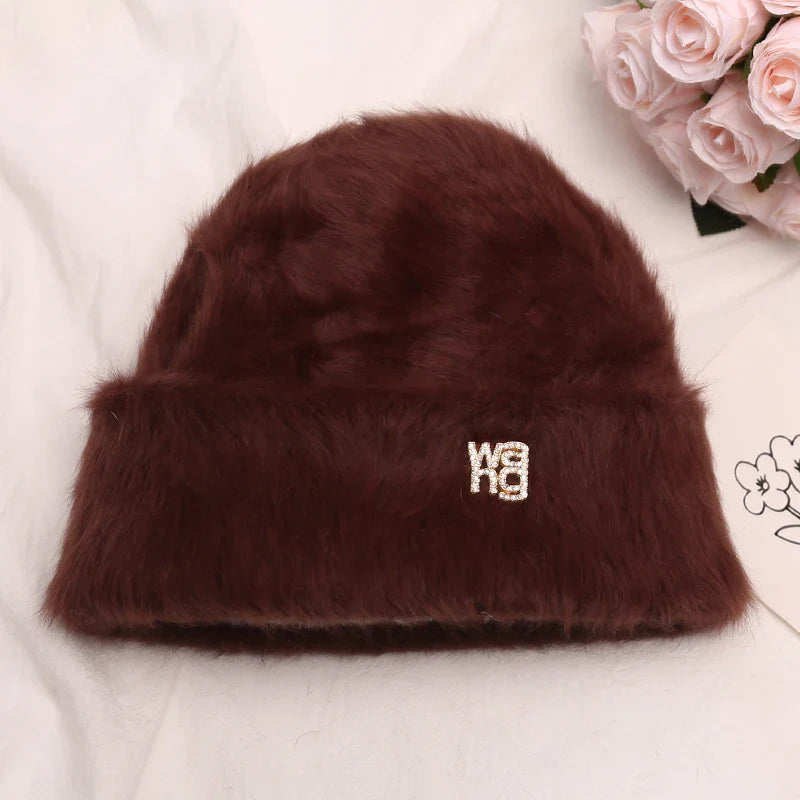 maoxiangshop New Fashion Rabbit Fur Y2k Beanies for Women Soft Warm Fluffy Angola Winter Hat Female Windproof Bonnet Hat Skullies Cap