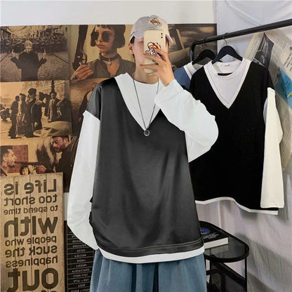 maoxiangshop Fake Two Piece 100% Cotton Spring Autumn Harajuku Long Sleeve Men T Shirt Casual Korean Fashion Oversized Woman Top 2022 Trend