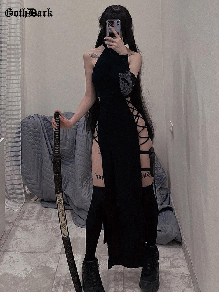 maoxiangshop Cosplay High Split Sexy Bandage Women Dresses Y2K Mall Gothic Halter Slim Midi Dress Black Grunge Style Alt Partywear