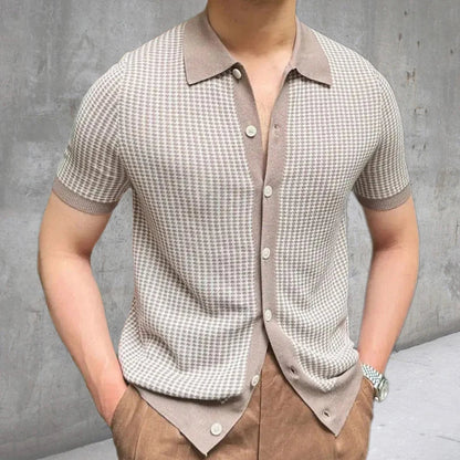 maoxiangshop Leisure Knitting Mens Shirt Short Sleeve Button Turn-down Collar Houndstooth Knit Tops Beach Men Summer Casual Solid Color Tops