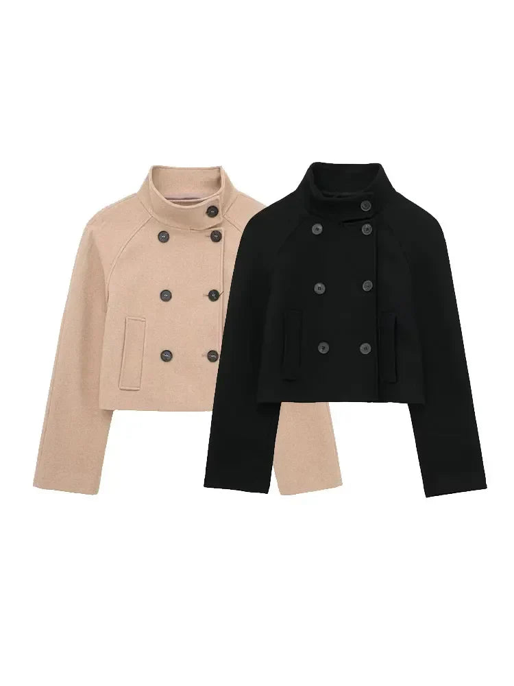 maoxiangshop -  Women's Winter Crop Jakcet Casual Long Sleeve Double Breasted Stand Collar Wool Blend Coat Female Fashion Chic Top Y2K