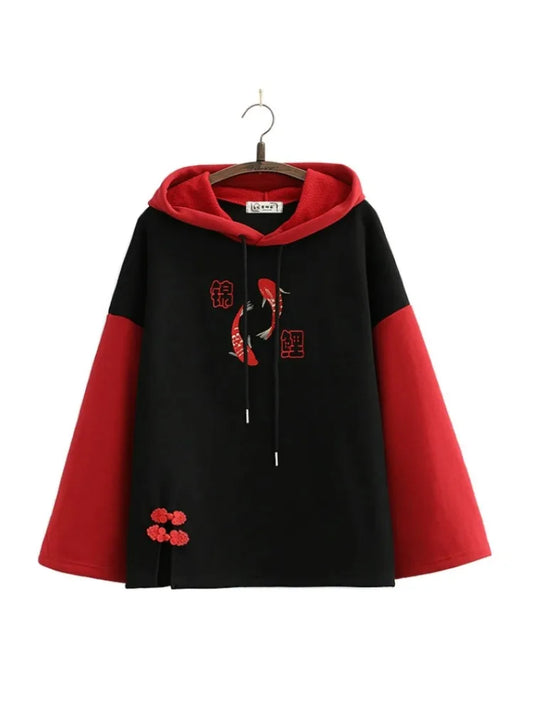 maoxiangshop Fleece Women's Hooded Sweatshirt Cartoon Embroidery Hoodies Flare Sleeve Pullover Tracksuits Winter Clothes For Sweet Girl