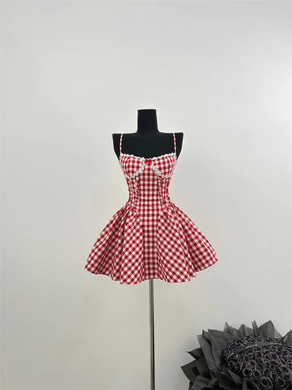 Summer French Prom Gown Ballet Core Mini Plaid Dress Women Gyaru Coquette 2000s Aesthetic Evening Frocks Party Fairy One-Piece