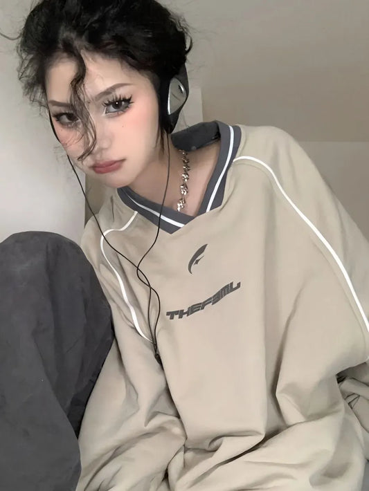 maoxiangshop1 Vintage V Neck Sweatshirt Women Korean Fashion Streetwear Kpop Pullover Casual Harajuku Grunge Cotton Top Autumn Winter