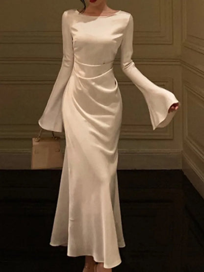 Autumn Elegant Solid Midi Dress Women Flare Sleeve Slim Mermaid Spring New French Vintage Wedding Party Vestidos Robe Mujers