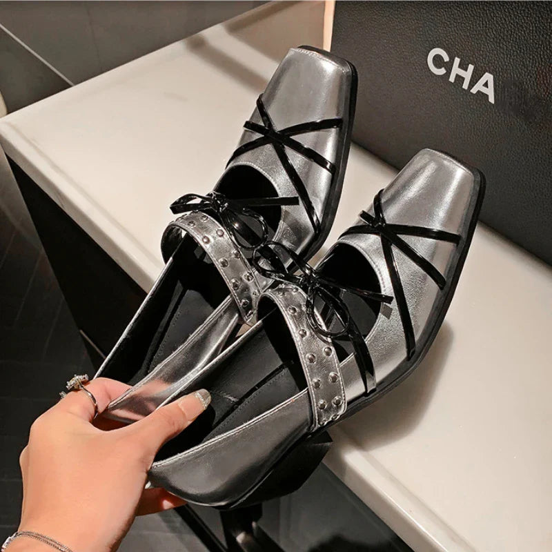 maoxiangshop  -  Rivet Platform Mary Jane Shoes Square Toe Pumps Women Winter 2024 New Cross Strap Bow Fashion Chunky Luxury Designer Shoes Women