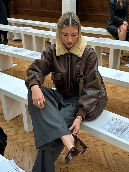 maoxiangshop  -  Chic Long Sleeve Lapel Double Side Motorcycle Coat Fashion Warm Pocket Zipper Jackets Autumn Winter Woman High Street Coats