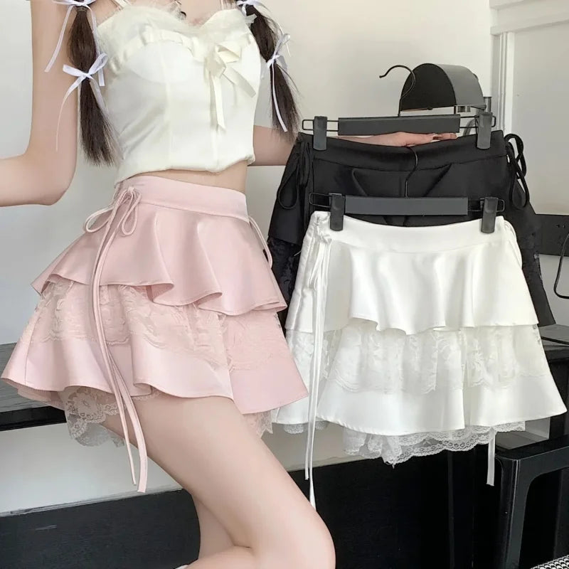 maoxiangshop Kawaii Pink Ruffle Mini Skirt Women Fairycore Lace Double-layer Cute High Waist Bandage Sexy Short Skirt Coquette Lolita