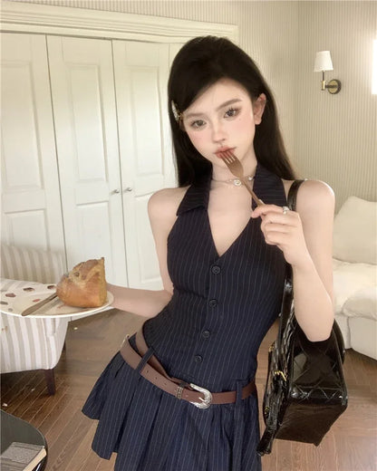 Summer Woman Fashion V-neck Sleeve Striped Dress Clothing High Waist A-line Summer Vestido Female Pleated Y2k Mini Dresses