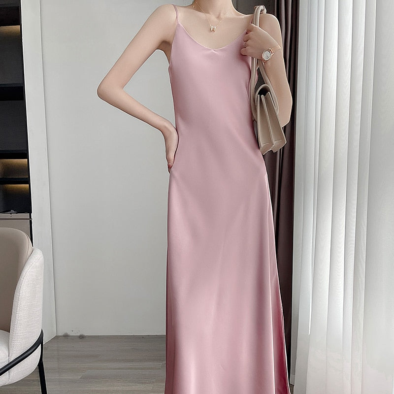 maoxiangshop Tri-Acetate Satin Silky V-Neck Temperament Female Summer Beautiful Silk Suspender Dress New Long Skirt Is Thin