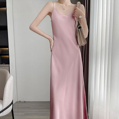 maoxiangshop Tri-Acetate Satin Silky V-Neck Temperament Female Summer Beautiful Silk Suspender Dress New Long Skirt Is Thin