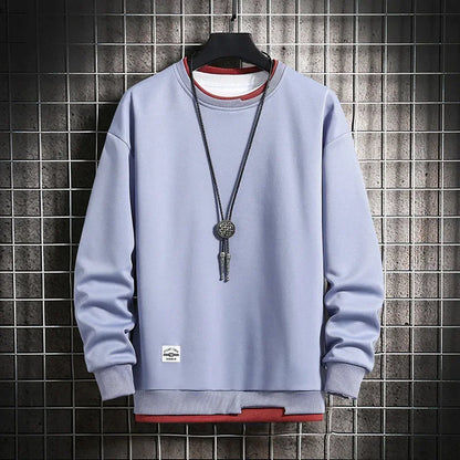 maoxiangshop Mens Casual Sweatshirts Fashion Fake Two Pieces O Neck Hoodies Men Harajuku Streetwear Tops Spring Autumn Solid Male Sweatshirt