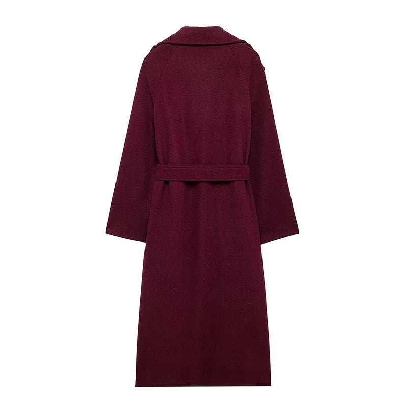 maoxiangshop  -  Women Solid Woolen Long Coat With Belt Fashion Double Breasted Lapel Oversize Jacket Autumn Female High Street Outerwear