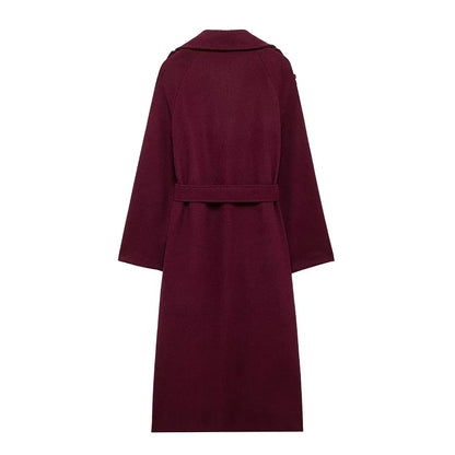 maoxiangshop  -  Women Solid Woolen Long Coat With Belt Fashion Double Breasted Lapel Oversize Jacket Autumn Female High Street Outerwear